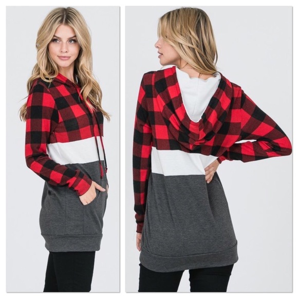 LAST ONE! Red & Black Plaid Color Block Hoodie - Picture 3 of 4